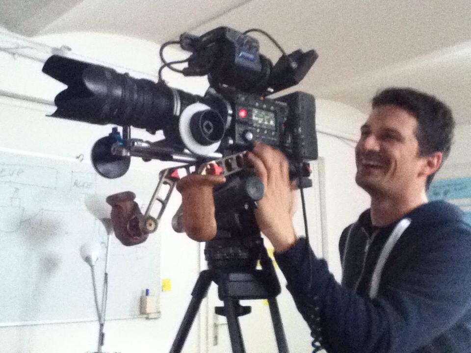Nino Leitner operating the Sony F55 on a tripod (with the Vocas rig still attached)