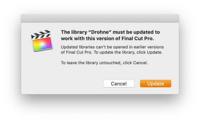 Final Cut Pro X Update Library Update Window