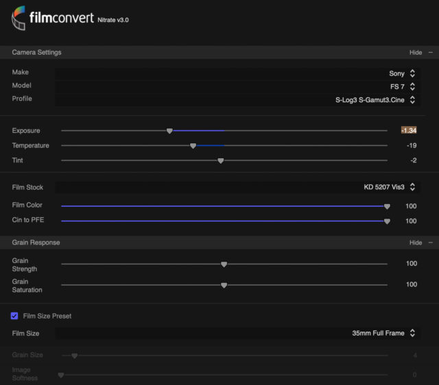 FilmConvert NITRATEs basic controls.