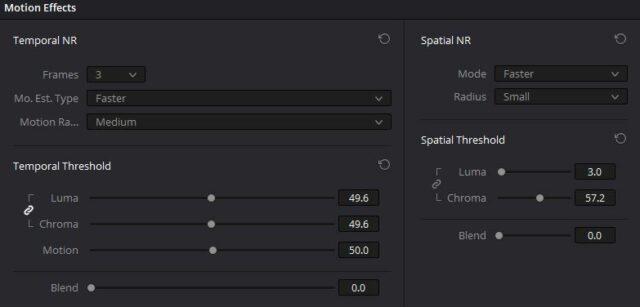 DaVinci Resolve noise reduction settings for the 5 stops under