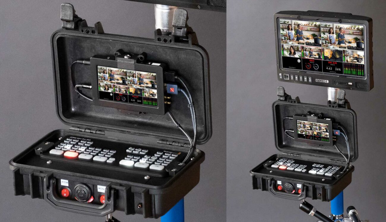 ATEM Pelicase with monitor on C-stand