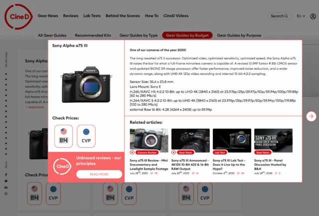 Product detail page in a CineD Gear Guide.