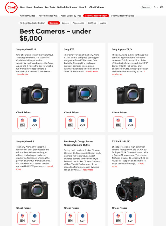 Product overview page in a CineD Gear Guide