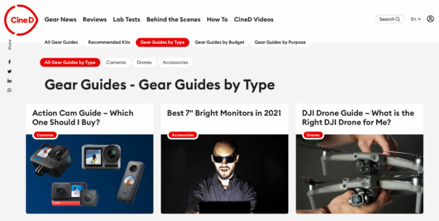 screenshot of the CineD Gear Guide in the Type section category