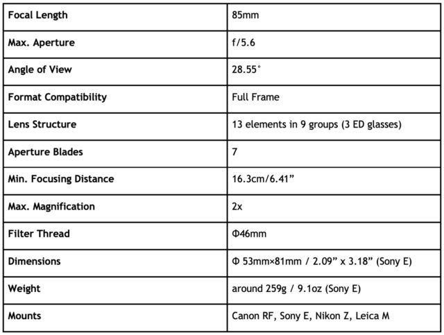 Laowa 85mm f/5.6 2X Ultra Macro Specs