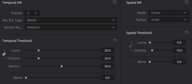 Noise reduction settings in DaVinci