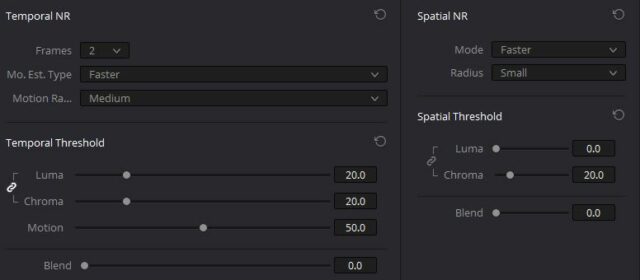 Noise reduction settings in DaVinci Resolve 