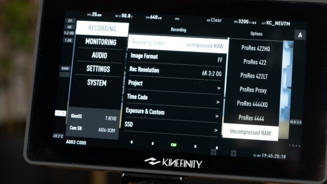 Kinefinity MAVO Edge 6K Rec Codecs on monitor