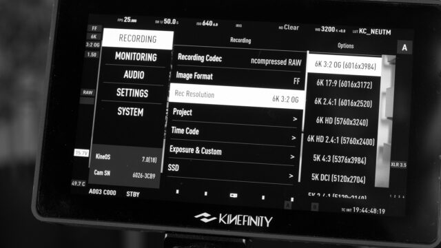 Kinefinity MAVO Edge 6K Rec Resolutions on monitor