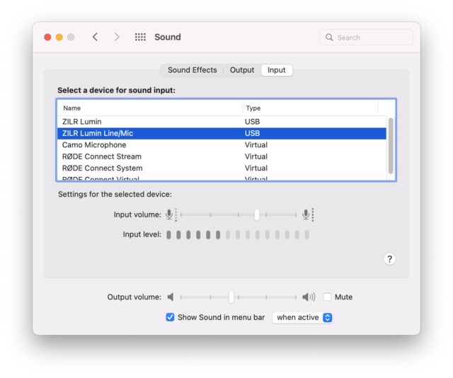 Audio Input settings in macOS with the ZILR Lumix Streaming Box connected
