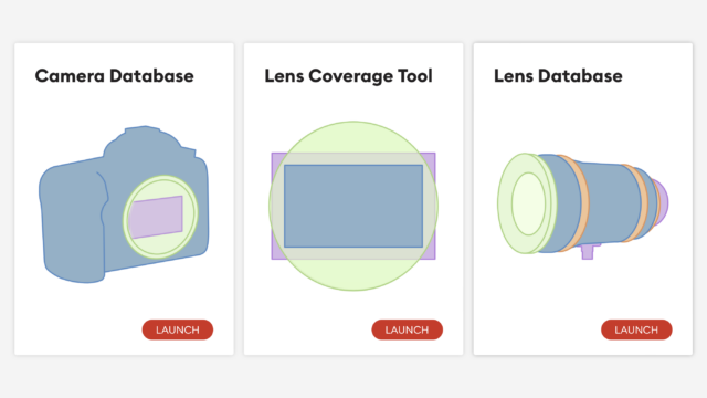 CineD Databases, shows the Camera Database, Lens Database and Lens Coverage Tool selection screen