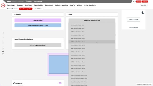 Lens Coverage Tool - Lens selection