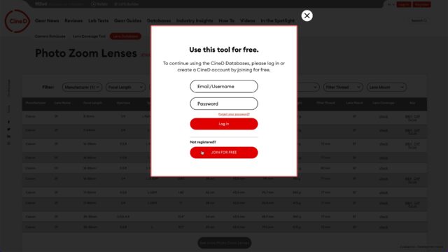 Lens Database - Log in or register to use for free