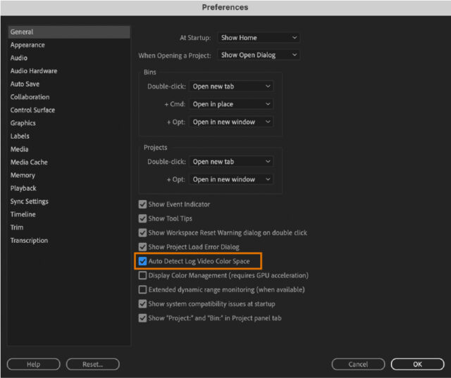 The "Auto Detect Log Video Color Space" option is under General preferences