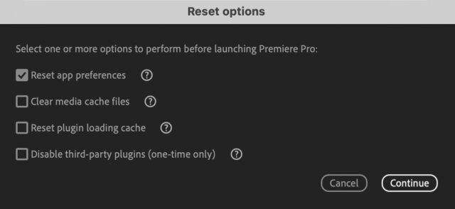 New Reset Options in Premiere Pro 23.2