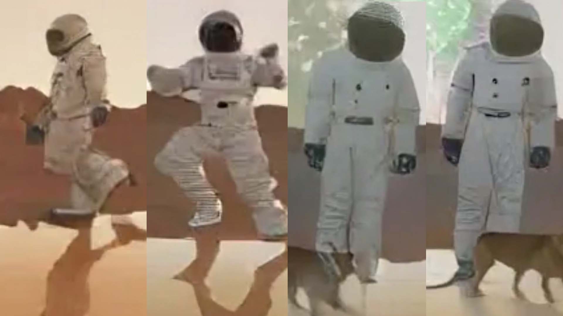 4 stills from the Phenaki-generated video showing an astronaut going, dancing, walking with his dog, and watching fireworks behind him, using Google's AI tools