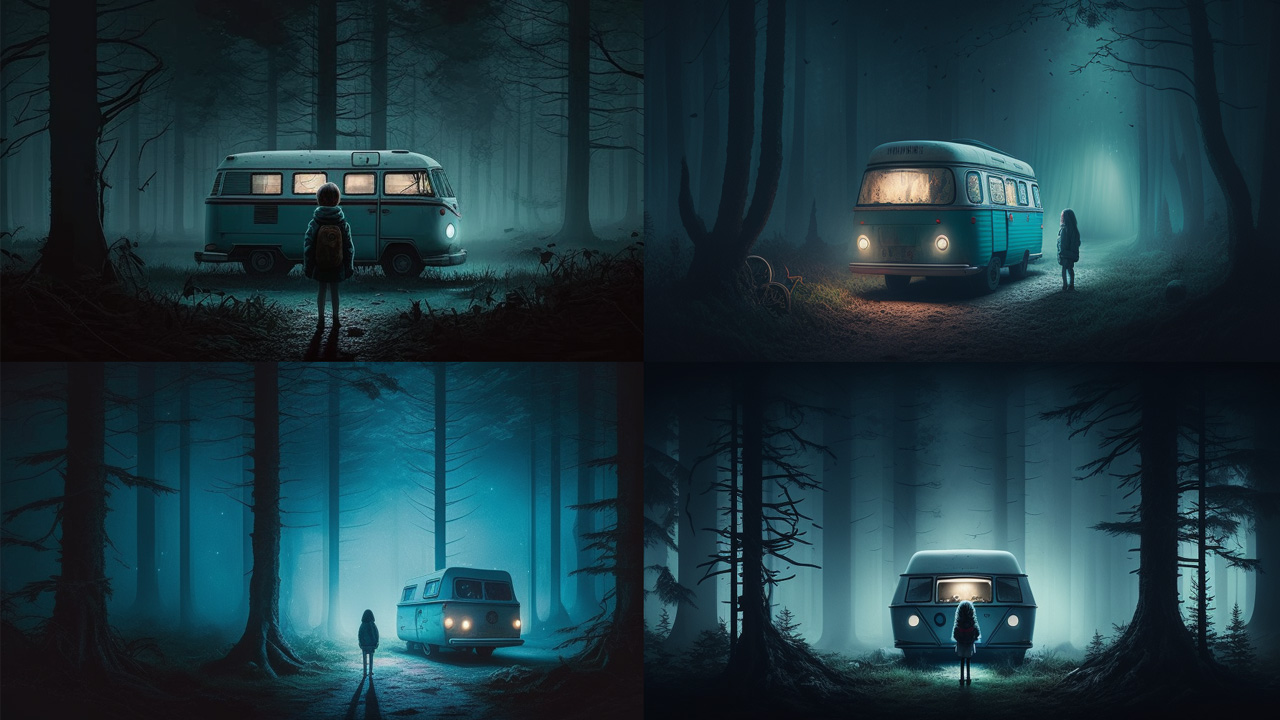 Image results in the prompt "a small girl in the dense forest finds a mystically looking empty camper van, fog, night, cinematic look, in the style of David Lynch --ar 16:9".
