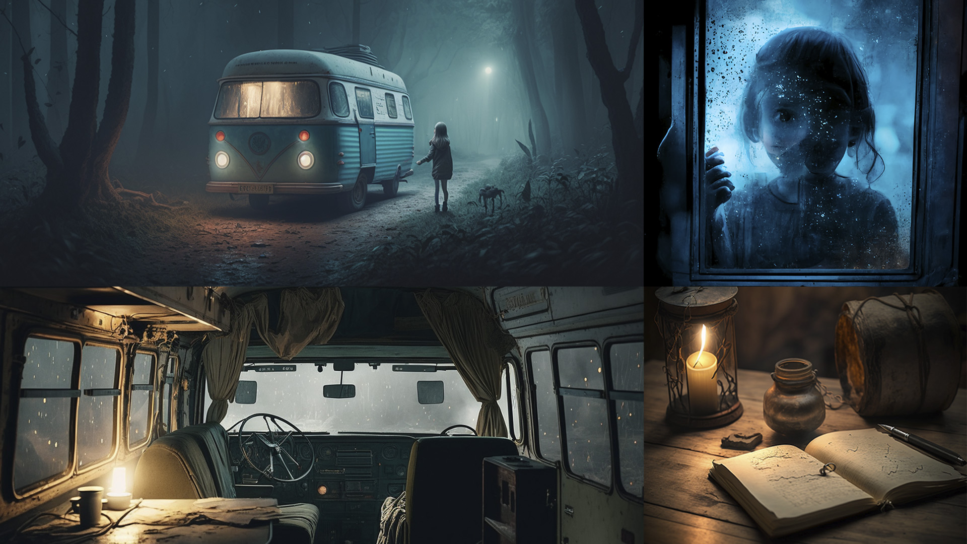 A mood board showing four pictures: a girl besides the van in the forest, the girl peeking inside through the misty van window, the inside space in the van, an old leather book lying on the table lit by a candle