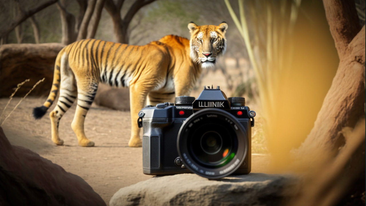 A picture of some random AI-created camera with a weirdly-looking tiger in the background.