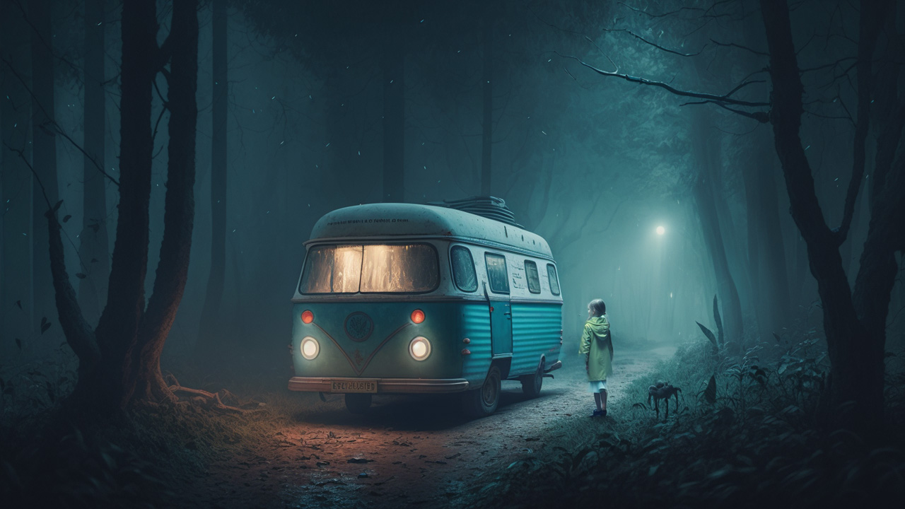 The selected part of the image has been replaced with the generated image of the girl in the yellow raincoat looking at the van.