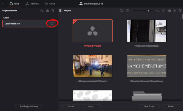 DaVinci Resolve Updating - The little "I" icon marked in red