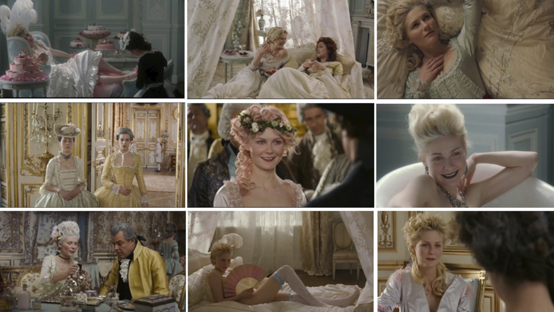 A collage from different film stills from the film "Marie Antoinette" used as a showcase for an outstanding mise en scene