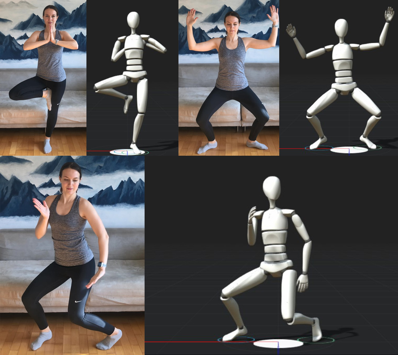 Three different poses from Mascha's original video compared to the results, created by motion capture with AI