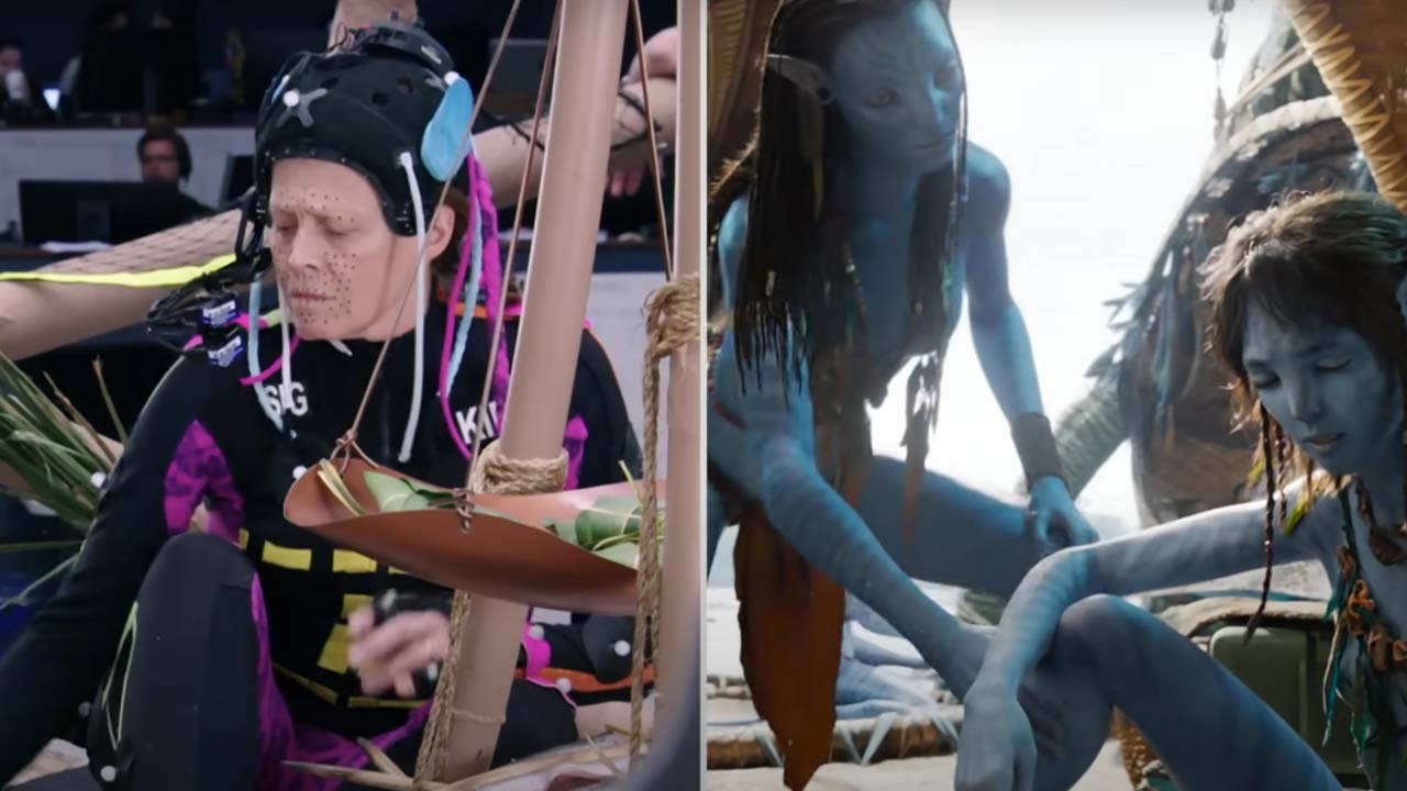 Behind the scenes of Avatar 2 - a shot with traditional motion capture suit and the final result compared