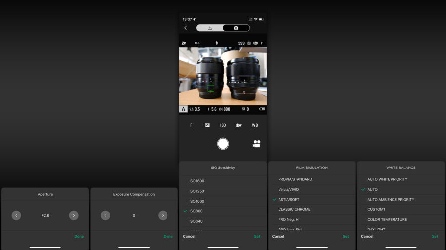 adjustment options for Aperture, Exposure Compensation, ISO, Film Simulation and White Balance in Photo mode