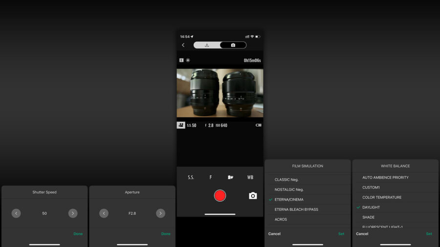 adjustment options for Shutter Speed, Aperture, Film Simulation and White Balance in Videomode