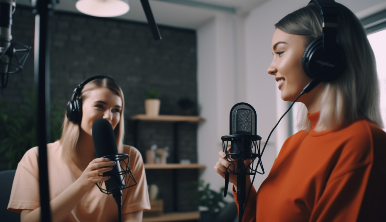 Two women in a podcast studio in front of their microphones