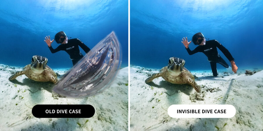 Comparison of Insta360 X3 footage shot using the old Dive Case and the new Invisible Dive Case