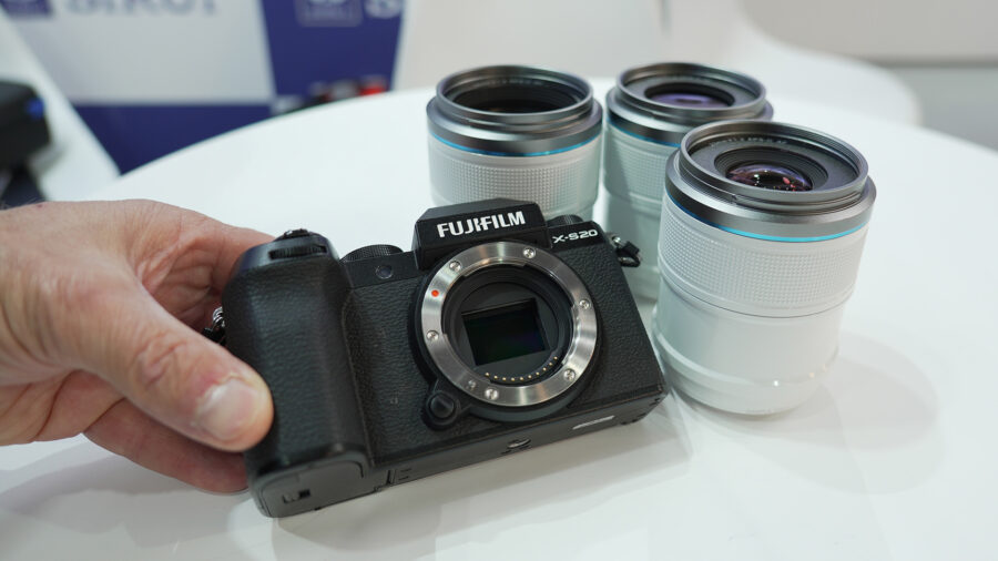 SIRUI Sniper AF lenses next to FUJIFILM X-S20 camera
