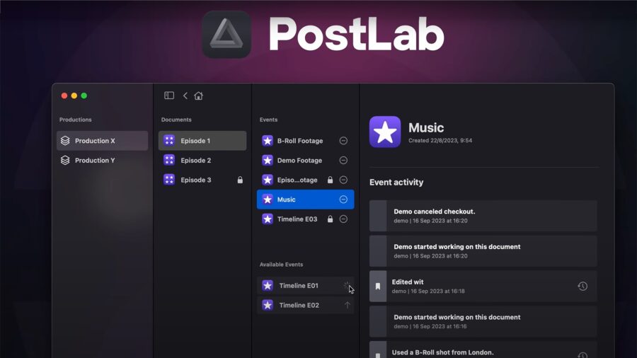 PostLab software showing multiple libraries and events that editors can collaborate on