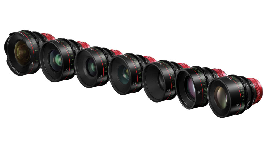7 canon cn-r lenses next to each other