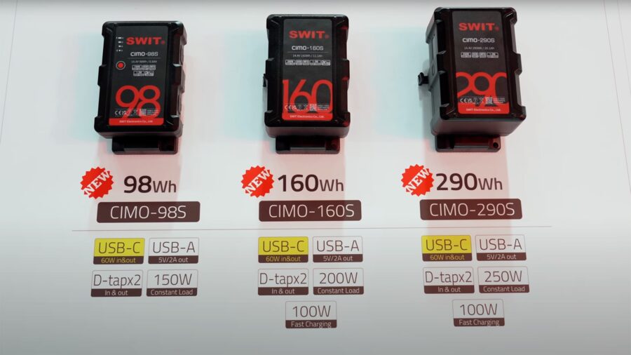 SWIT CIMO v-mount batteries with 98Wh, 160Wh and 290Wh lined up with specs 