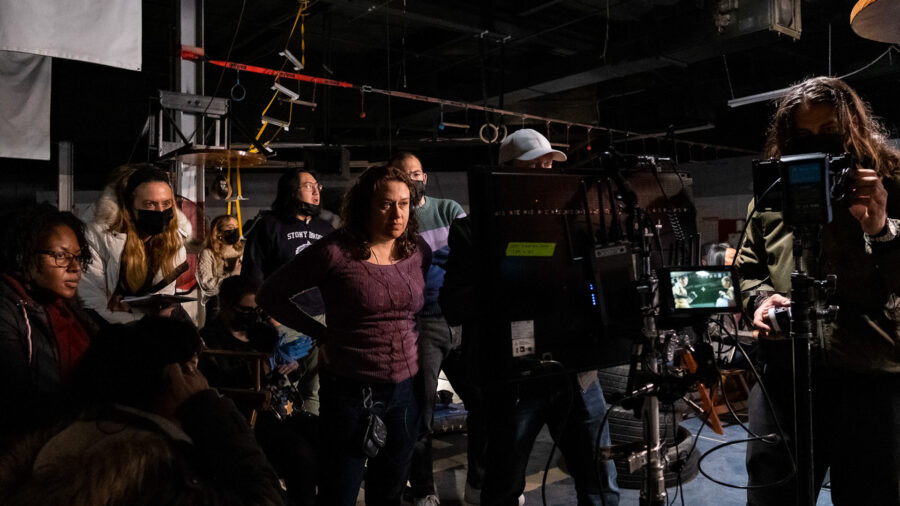 Director Jessica Hester with her team on set