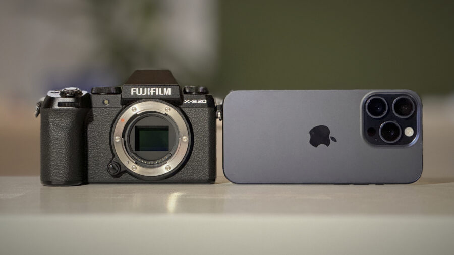 iPhone 15 Pro next to FUJIFILM X-S20