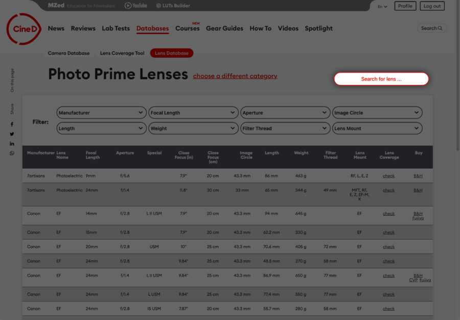 Lens Database search box