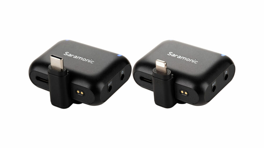 The Saramonic Blink500 B2+ receiver can be connected to a smartphone or computer via its USB-C/lightning adapters