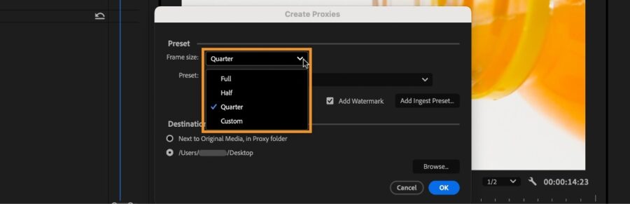 New "Frame size" dropdown menu under "Create Proxies" in Premiere Pro