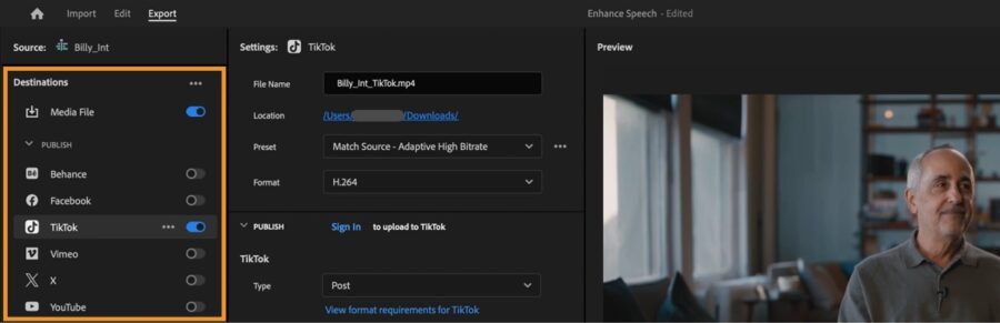 Direct-to-social TikTok publishing option in Premiere Pro