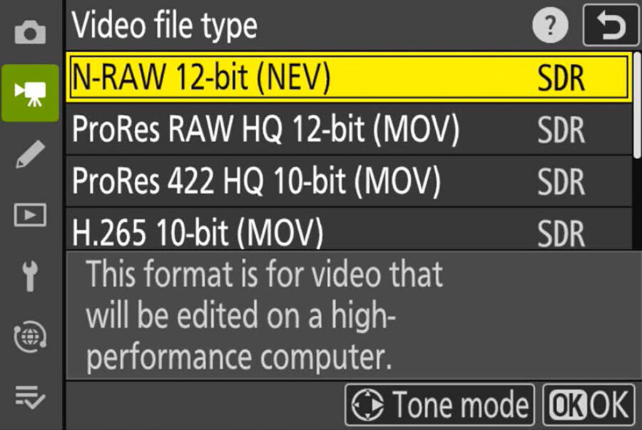 The Nikon Z 9 offers a variety of video file formats - including N-RAW, ProRes RAW, ProRes, and H.265