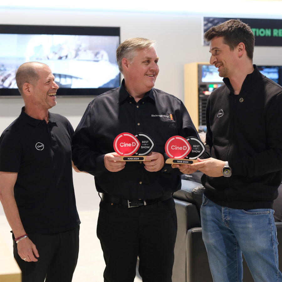 Blackmagic Design CEO and founder Grant Petty alongside CineD Co-CEOs Johnnie Behiri and Nino Leitner, accepting two CineD Best-of-Show Awards for NAB 2024, for camera innovations in the Blackmagic URSA Cine 12K and AI workflow functions in DaVinci Resolve 19. Image credit: CineD