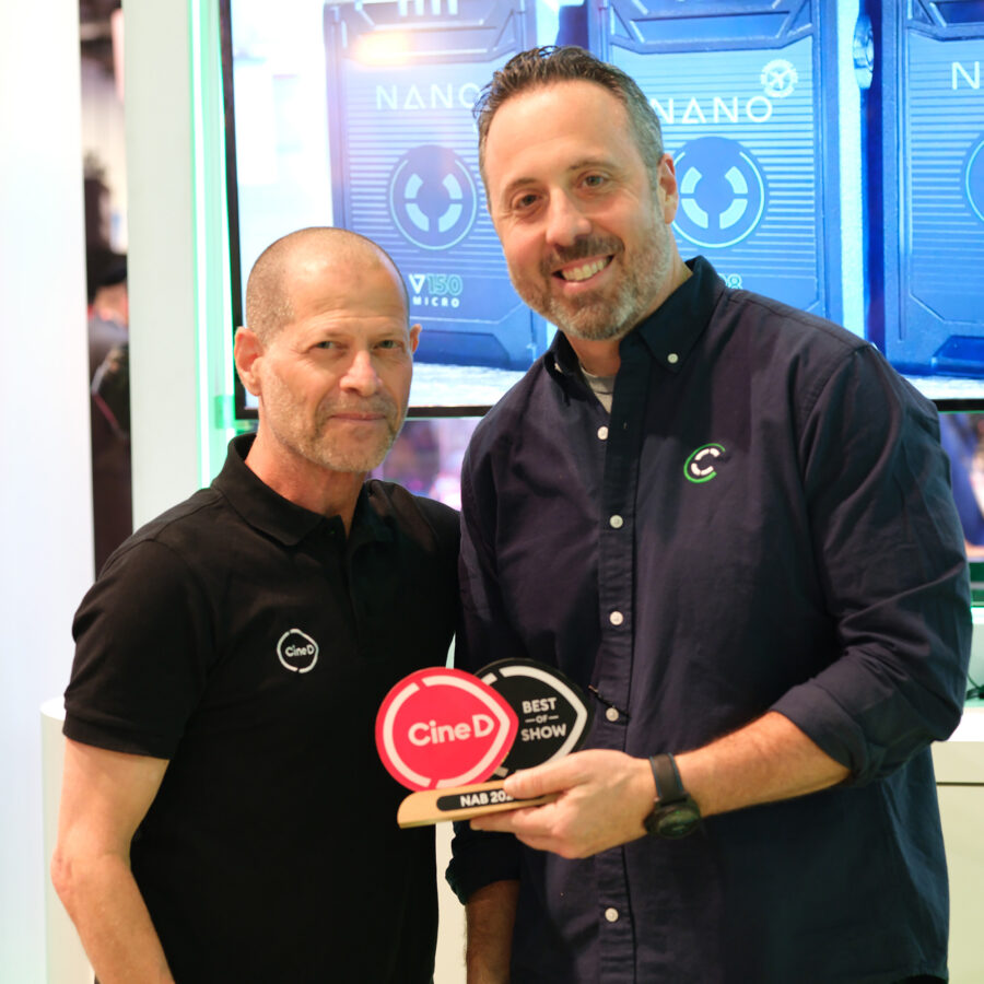 Ross Kanarek from CoreSWX accepting the CineD Best-of-Show Award for NAB 2024 from CineD Co-CEO Johnnie Behiri. Image credit: CineD