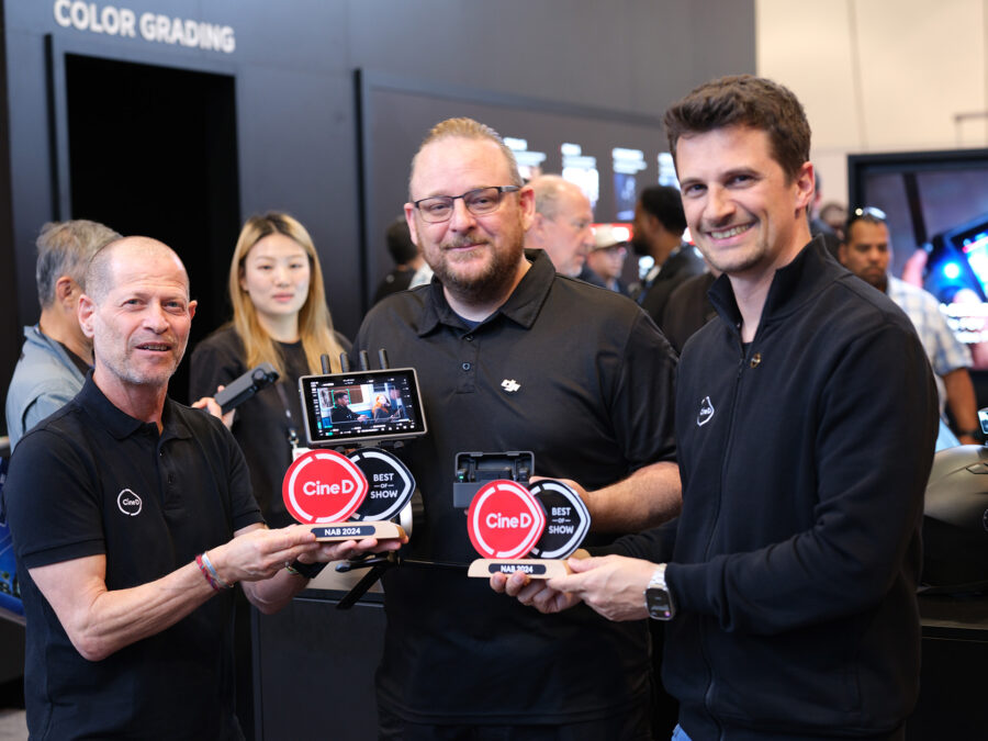 Donovan Davis from DJI accepting two CineD Best-of-Show Awards for NAB 2024, one for the DJI Focus Pro ecosystem in the Camera Accessories category, and one for the DJI Mic 2 in the Audio Equipment category. Image credit: CineD