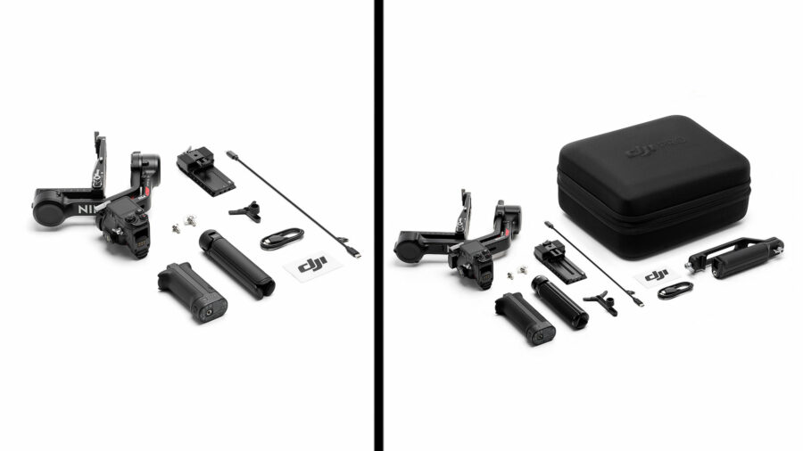 Inside the box of the DJI RS 4 on the left and RS 4 PRO on the right