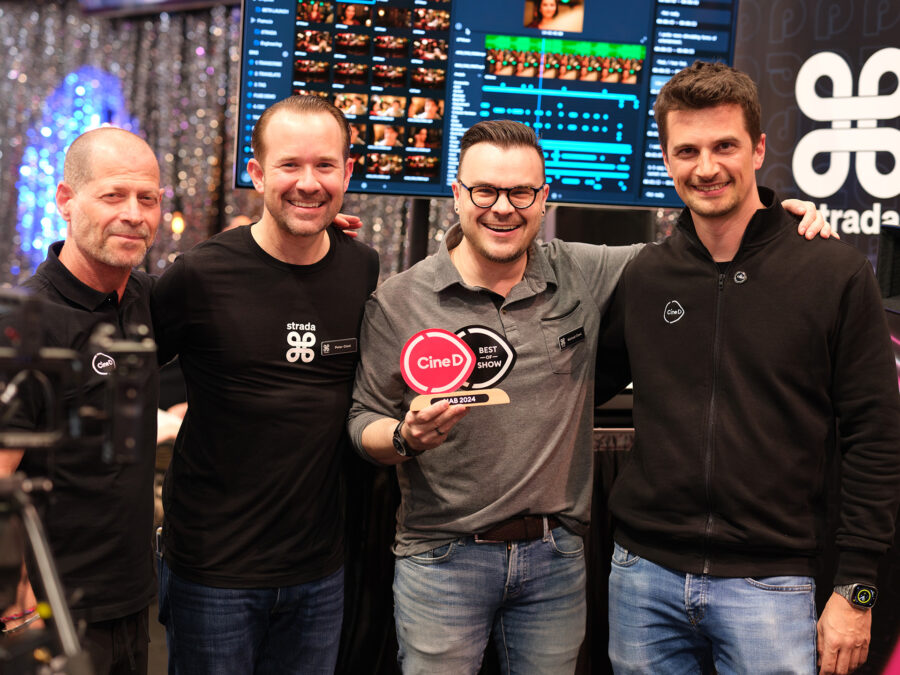 Peter and Michael Cioni from Strada (middle) accepting the CineD Best-of-Show Award for NAB 2024 in the Cloud Workflows category from CineD Co-CEOs Johnnie Behiri (left) and Nino Leitner (right). Image credit: CineD