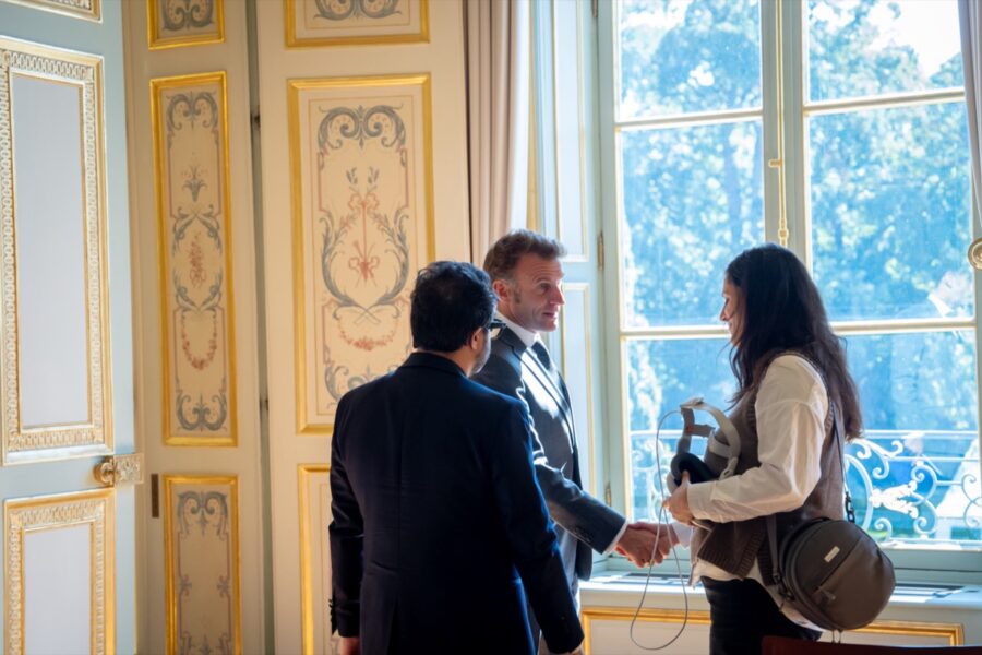 Emmanuel Macron after watching the URSA Cine Immersive Bastille Day film