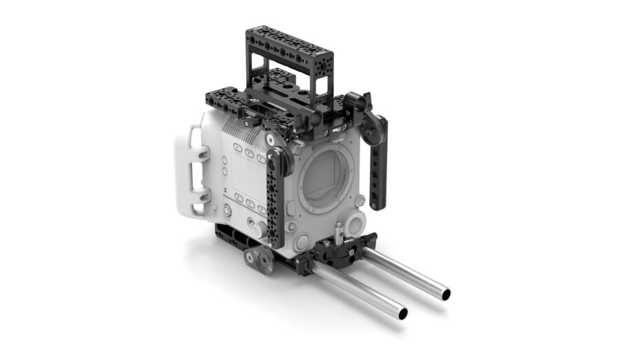 The MID49 Mid kit for the FUJIFILM GFX ETERNA 55 includes a top handle, NATO side arms, a 15mm rod bracket, and two 6" rods